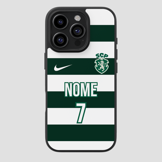 Capa personalizável do Sporting com espaço para nome e número, marca CASE IT UP