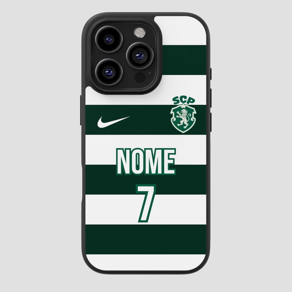 Capa personalizável do Sporting com espaço para nome e número, marca CASE IT UP