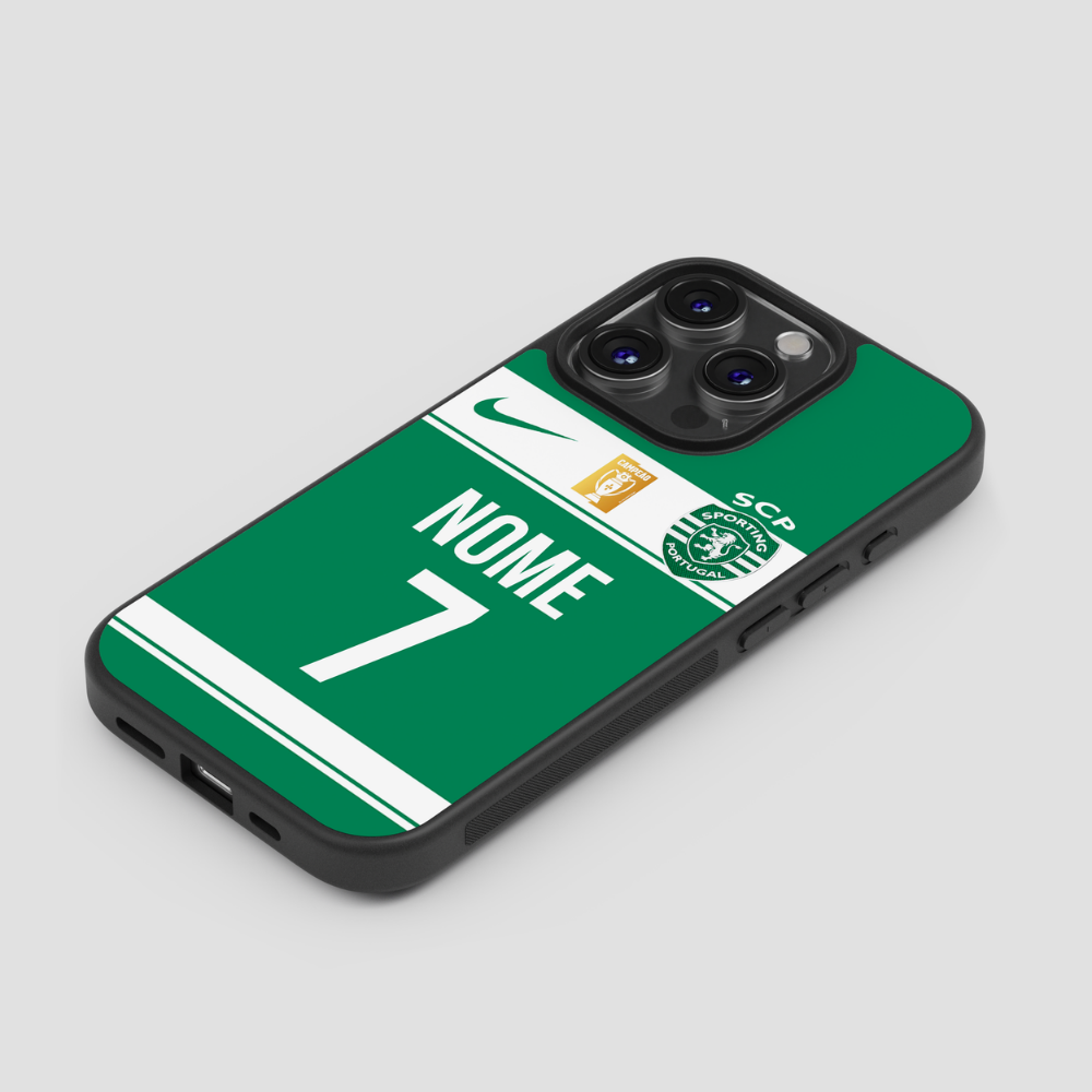 Capa personalizável do Sporting com espaço para nome e número, marca CASE IT UP