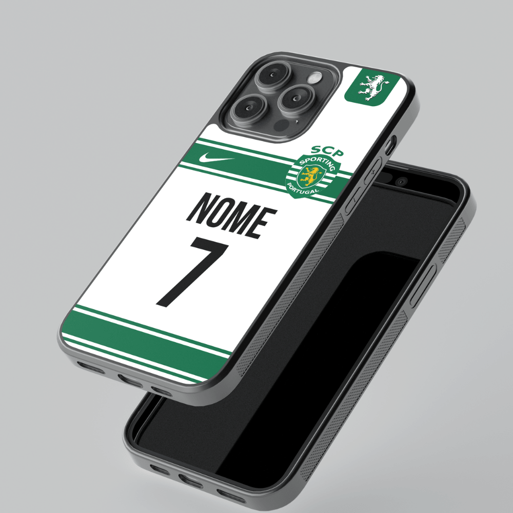 Capa personalizável do Sporting com espaço para nome e número, marca CASE IT UP