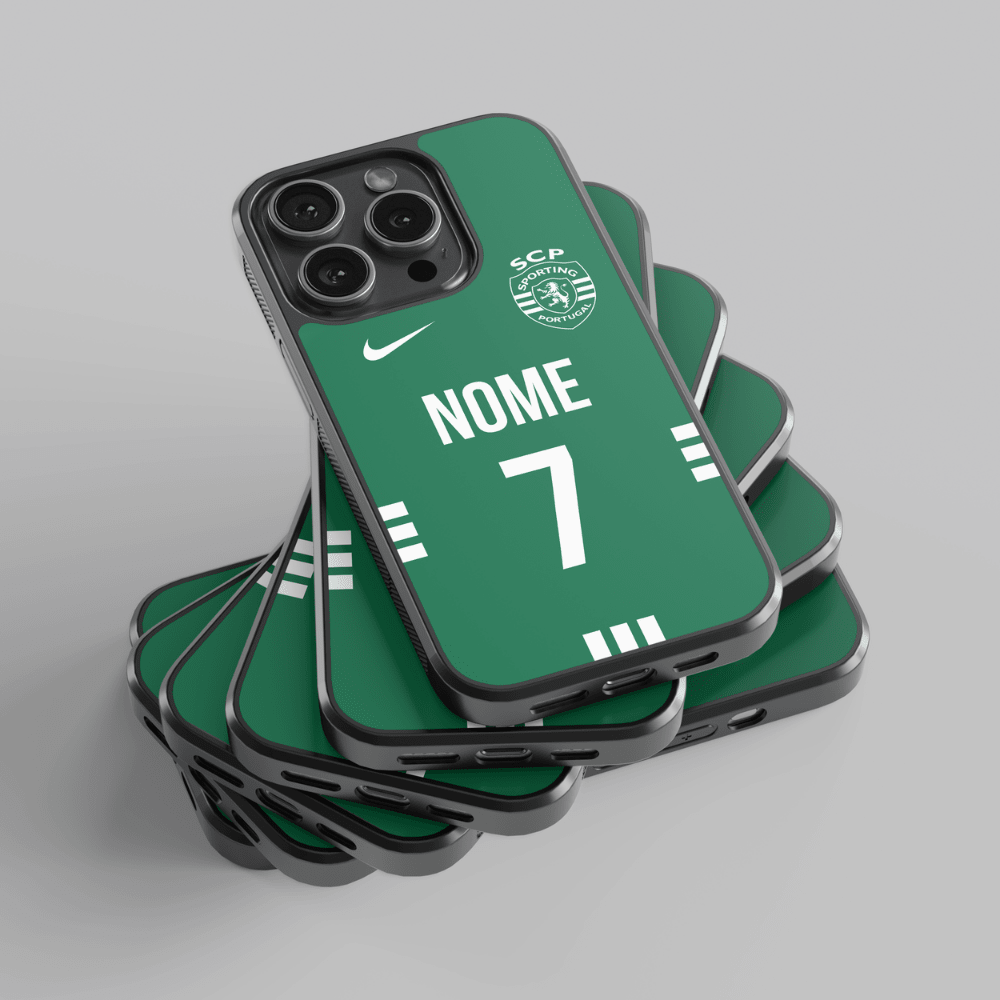 Capa personalizável do Sporting com espaço para nome e número, marca CASE IT UP